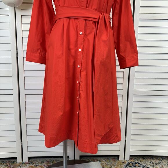New J Crew Red Tie Waist Shirt Dress Cotton Poplin Bright Cerise Womens Size 16 - Picture 4 of 10